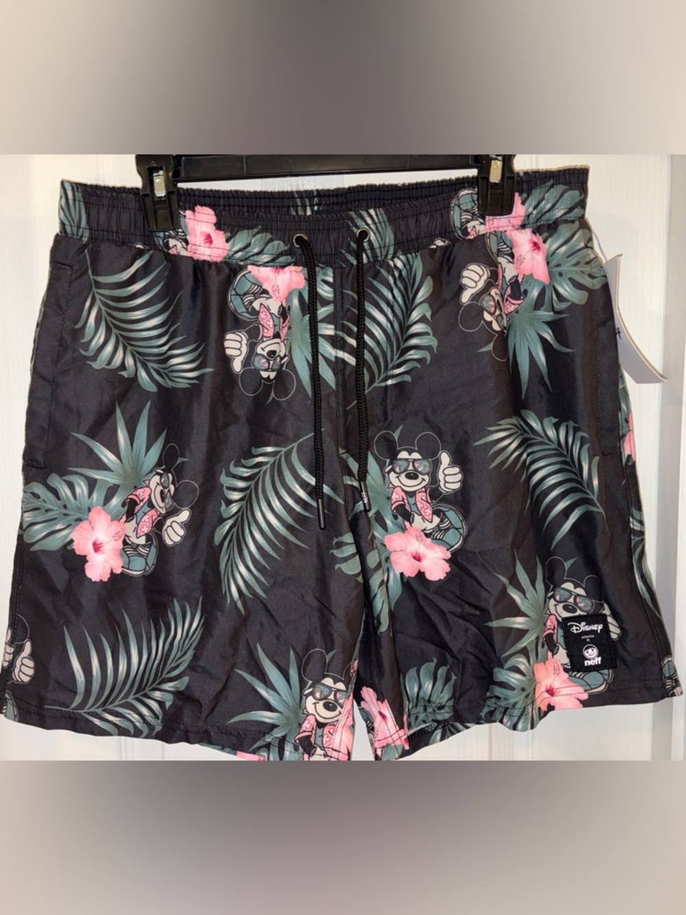 Disney Men’s Black Tropical Mickey Swim Trunks with Pink Florals